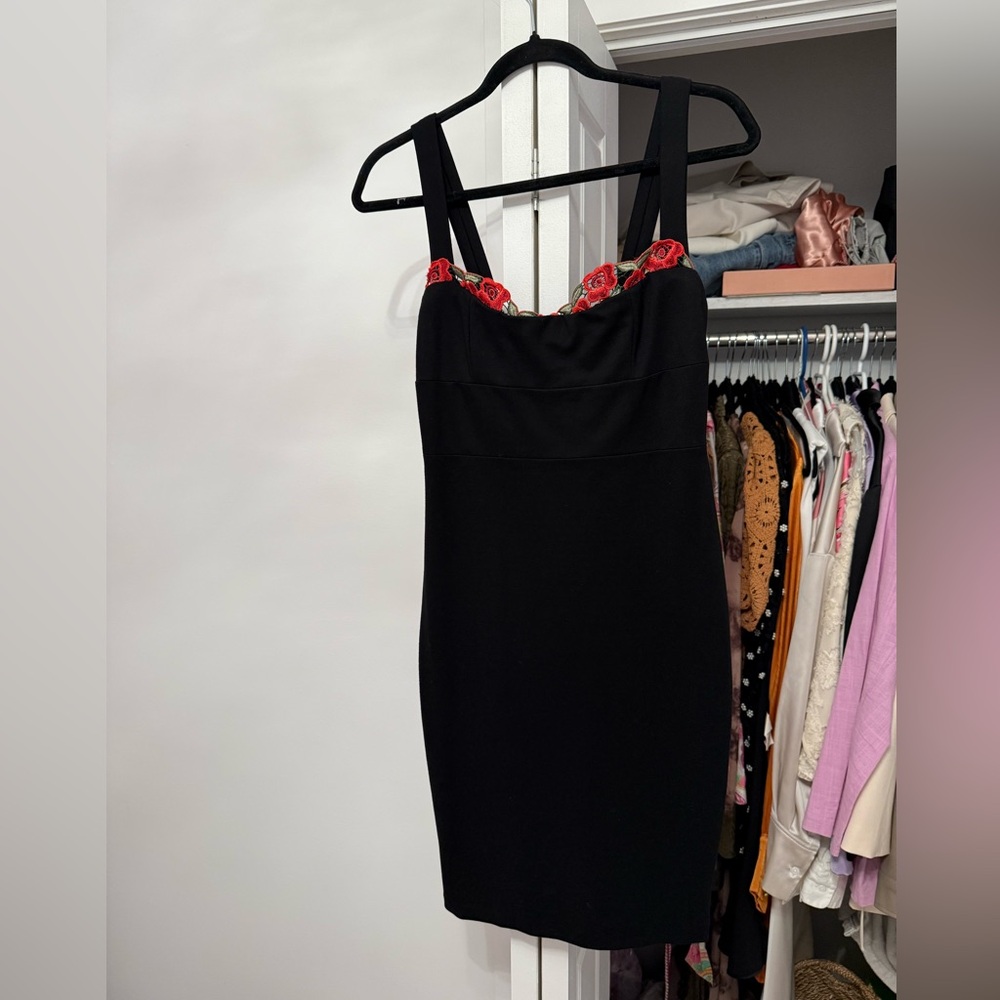 Black Dress with Red Floral Accents